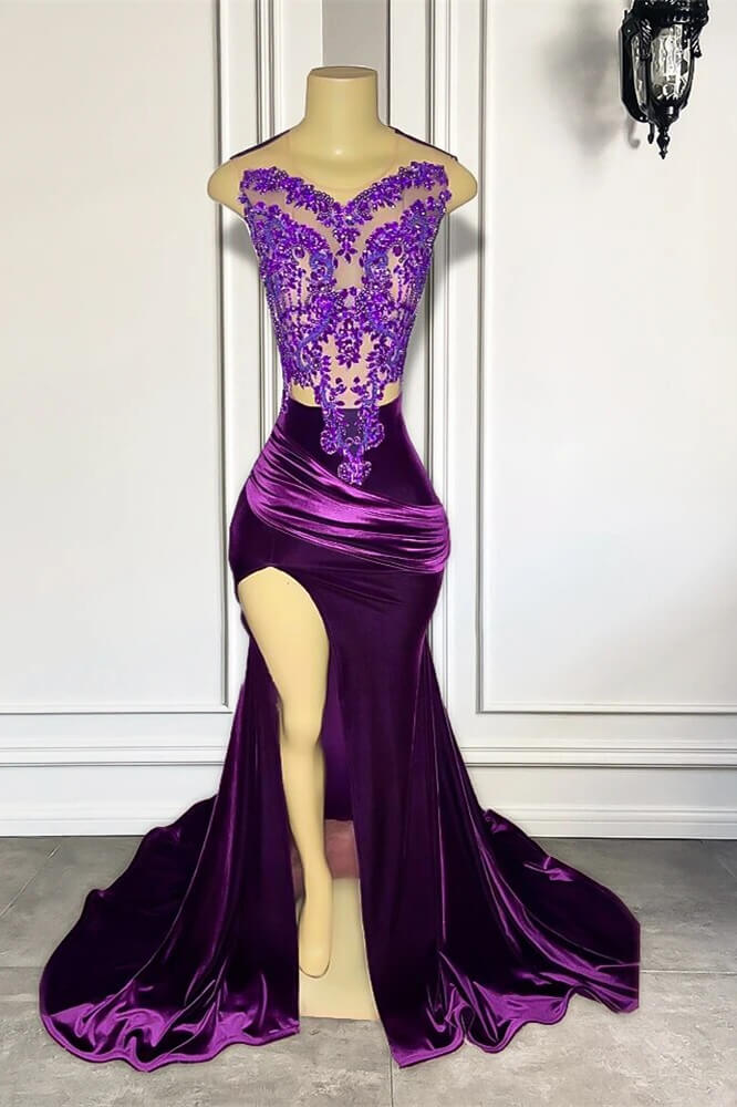 Purple Sweetheart Velvet Long Train Mermaid Prom Dresses