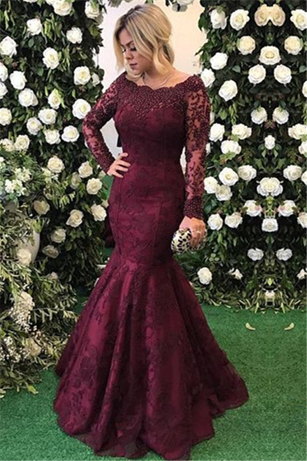 Elegant Long Sleeve Burgundy Evening Dress Mermaid Lace Appliques BMT