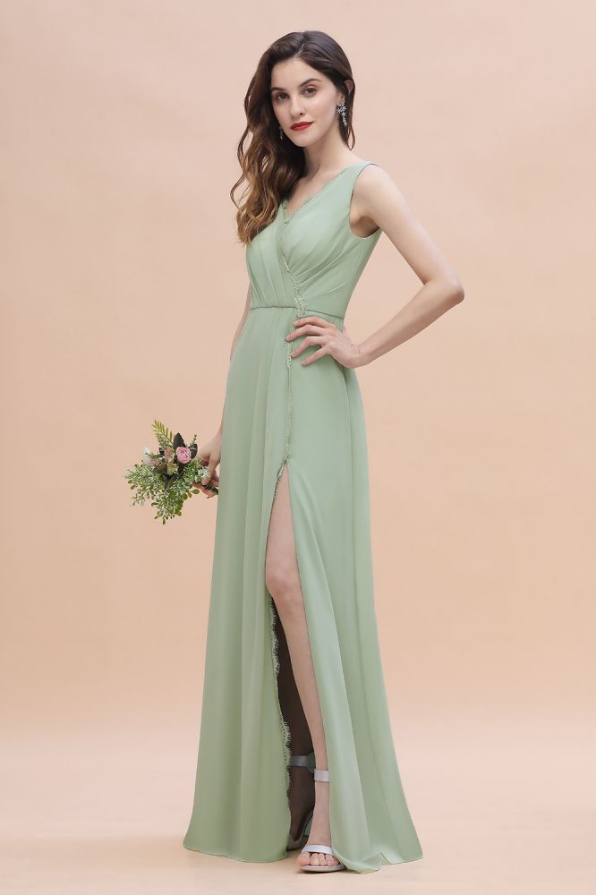 V-Neck Ruffle Chiffon Beach Wedding Guest Dress Aline Evening Dress with Side Slit