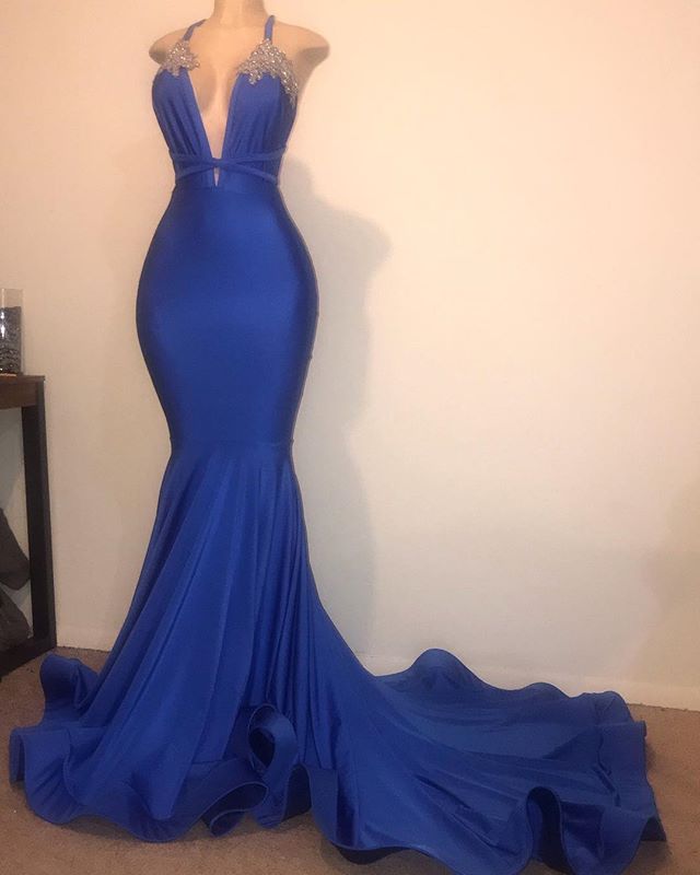 Gorgeous Spaghetti Straps Beads Appliques Prom Dresses | Elegant Alluring Sexy V-neck Fit and Flare Evening Gowns-Babyonlinewholesale