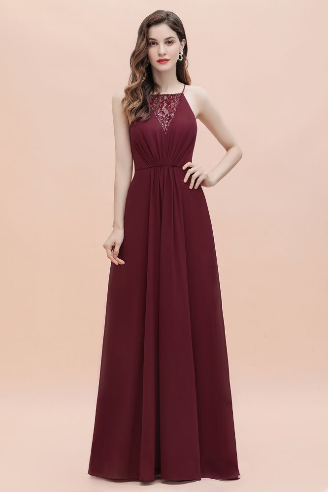 Straps Bateau A-line Sequins Evening Maxi Dress Elegant Chiffon Prom Dress