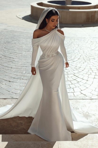 Floor Length Long Sleeves Satin Wedding Dress with Ruffles