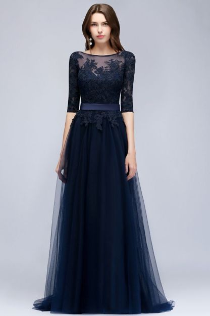 NANA | A-line Half Sleeves Floor Length Slit Appliqued Tulle Prom Dresses with Sash