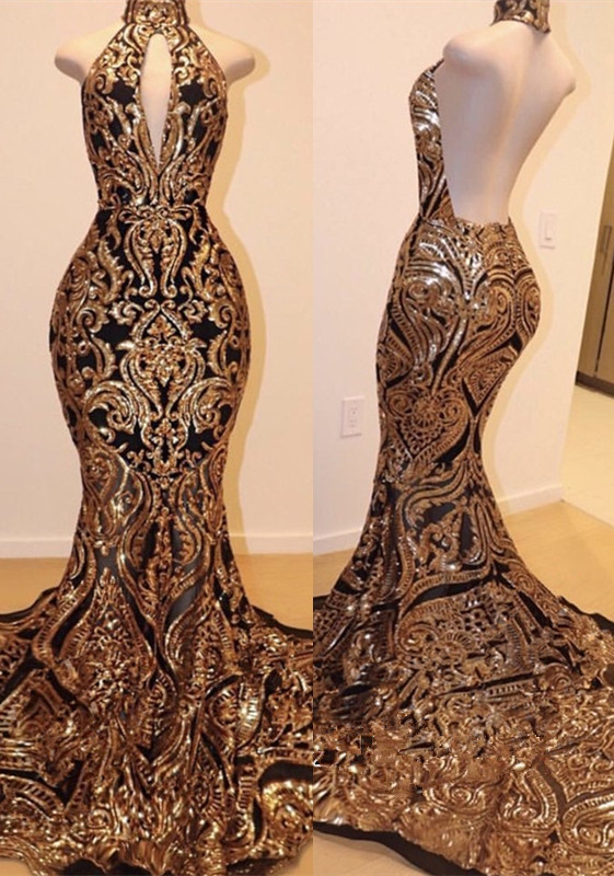 Halter Keyhole Neckline Sequins Appliqued Mermaid Prom Dresses