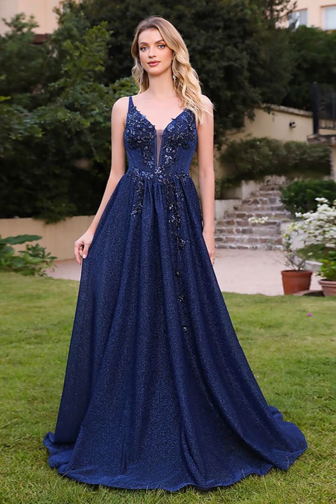 Stunning Sleeveless Dark Navy A-line Evening Dress Glitter Simple Lace Appliques Formal Dress