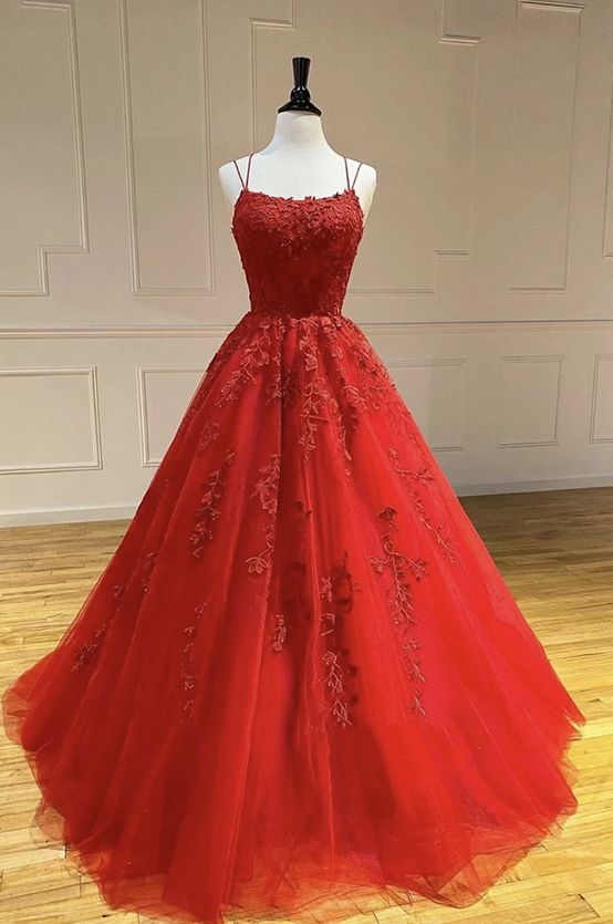 Red Lace appliques Ball gown Floor length Evening Dress