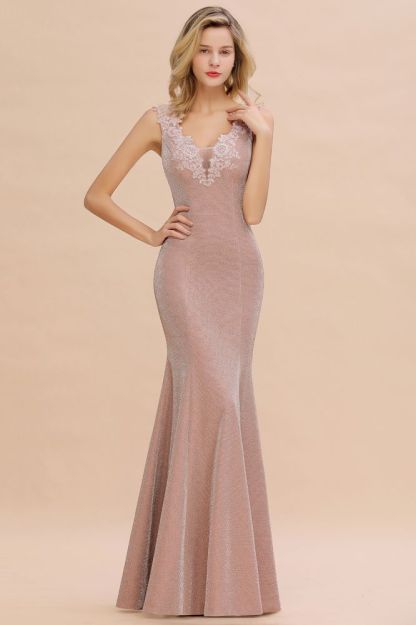 Sparkly Deep V-neck Long Evening Dresses | Elegant Flowers Neck Sleeveless Pink Floor-length Formal Dress-Babyonlinewholesale