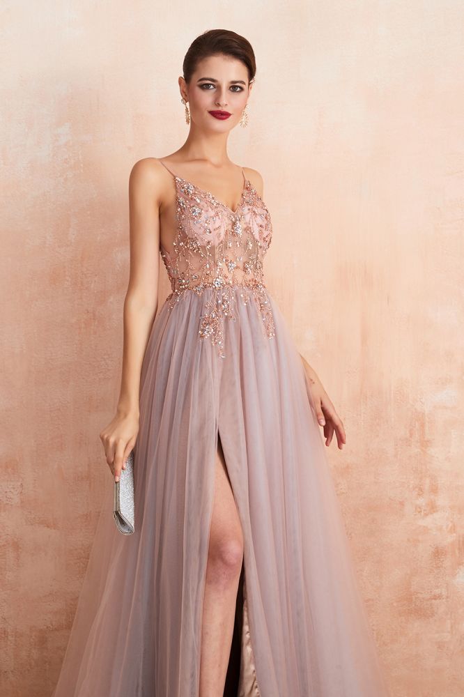Charlotte | New Arrival Dusty Blue, Pink Spaghetti Strap Prom Dress with Sexy High Split, Evening Gowns Online-Babyonlinewholesale