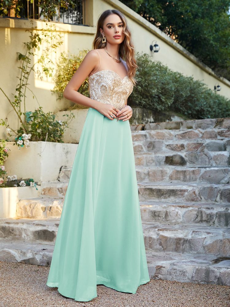 Sleeveless Lace Appliques Long Prom Dresses Chiffon Evening Party Gown
