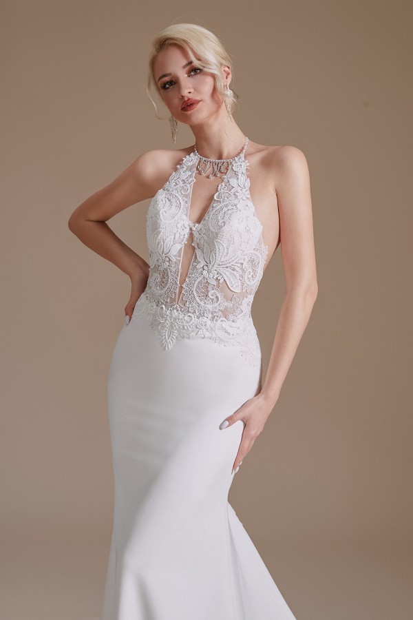 Elegant Deep V-Neck Floral Lace Mermaid Wedding Dress Sleeveles halter White Satin Bride Dress