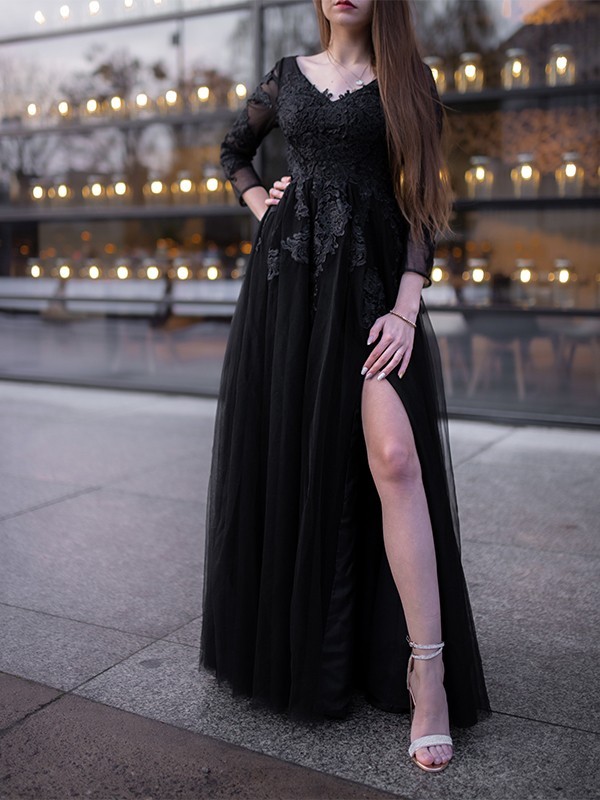 Long sleevels v-neck black a-line high split prom dress