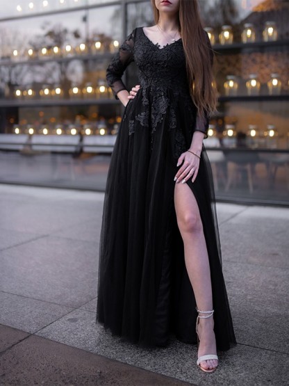 Long sleevels v-neck black a-line high split prom dress