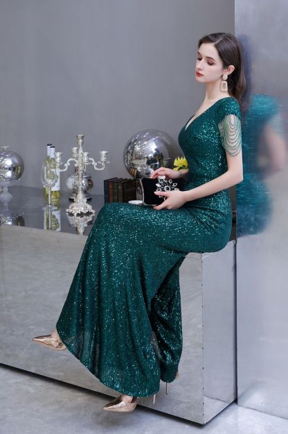 Shining Sequined Emerald Green Mermaid Cap sleeve Long Prom Dress