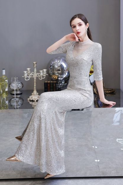 Gorgeous Silver Long sleeves Long Prom Dress