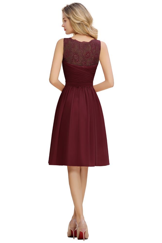 Lace V-neck Long Short Homecoming Dresses with Belt | Sexy Sleeveless V-back Pink Knee length Cocktail Dress-Babyonlinewholesale