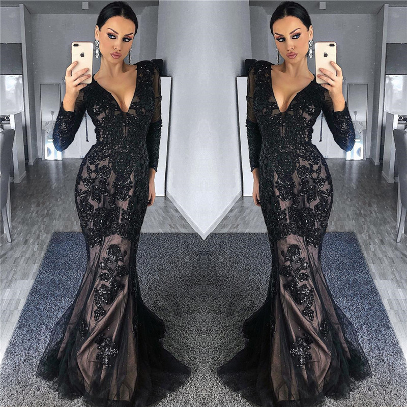Charming Black Tulle Nude Lining Evening Dresses with Sleeves | Elegant Long Sleeve Beads Appliques Prom Dresses