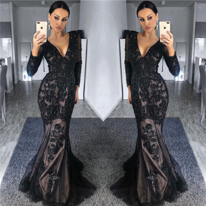 Charming Black Tulle Nude Lining Evening Dresses with Sleeves | Elegant Long Sleeve Beads Appliques Prom Dresses-Babyonlinewholesale