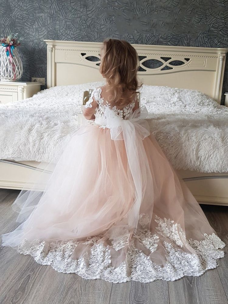 Short Sleeves Princess Flower Girl Dresses Floral Lace Appliques Blushing Pink Formal Dress for Girl