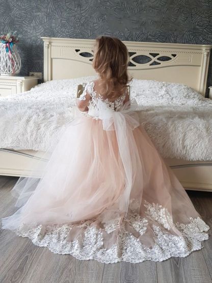 Short Sleeves Princess Flower Girl Dresses Floral Lace Appliques Blushing Pink Formal Dress for Girl
