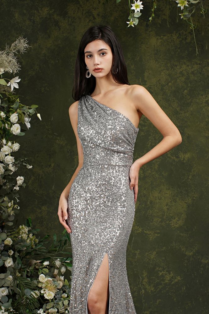 Silver One Shoulder Sleeveless Meramid Long Prom Dress