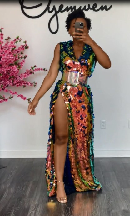 Sleeveless Sparkly Sequined Formal Party Maxi Dress V-Neck