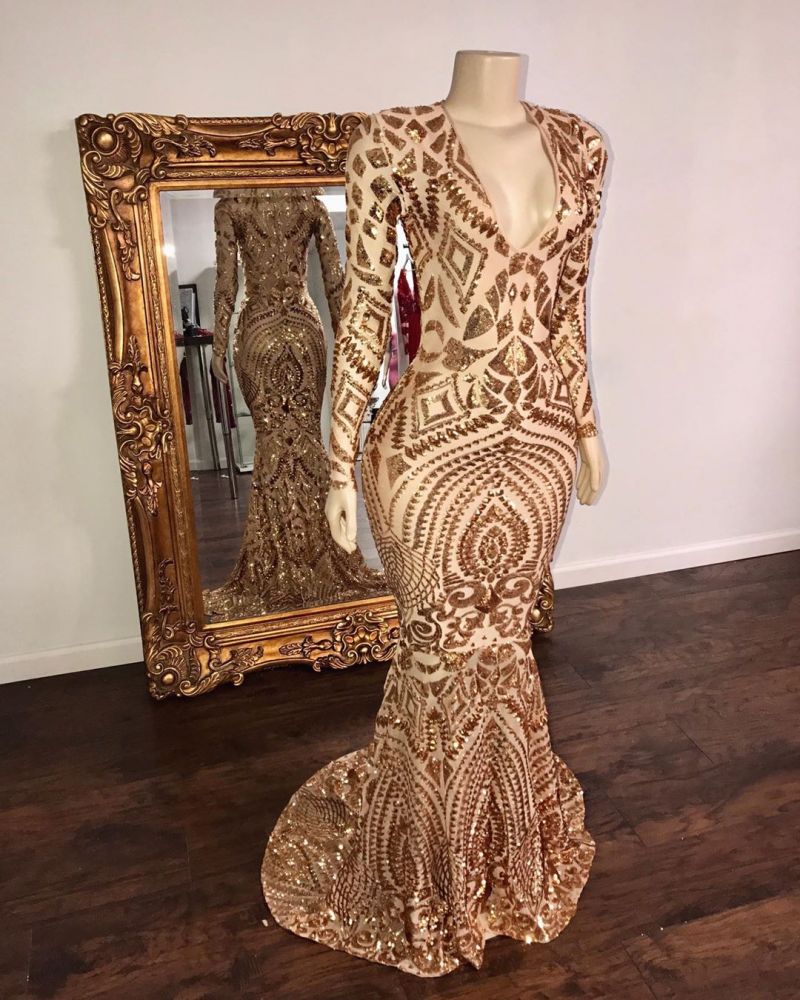 Champagne Sequins V-neck Long Sleeves Mermaid Prom Dresses