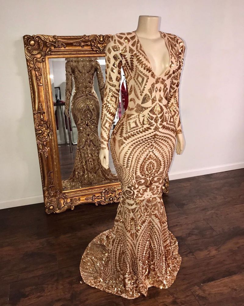 Champagne Sequins V-neck Long Sleeves Mermaid Prom Dresses