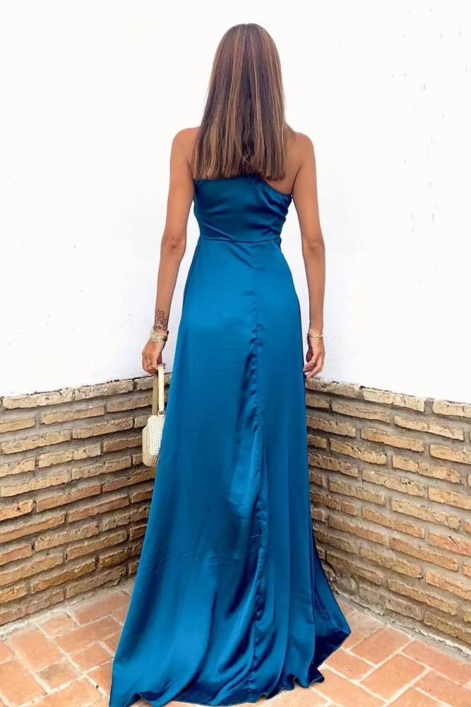 Blue One shoulder A-line Satin Prom Dresses