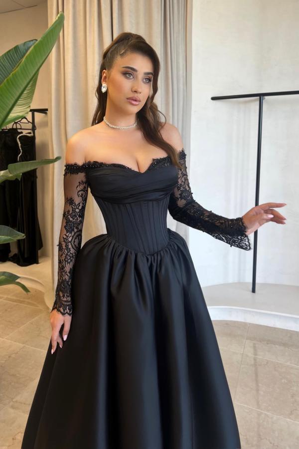 Gorgeous Black Sweetheart Long Sleeves Ankle-Length A-Line Satin Prom Dresses