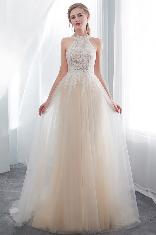 NATALIA | A-line Halter Floor Length Appliqued Tulle Evening Dresses