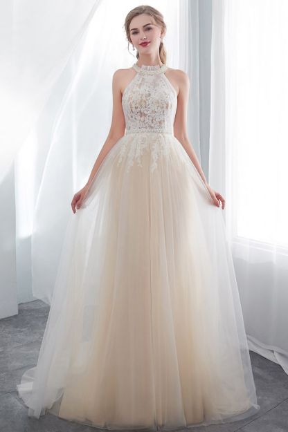 NATALIA | A-line Halter Floor Length Appliqued Tulle Evening Dresses