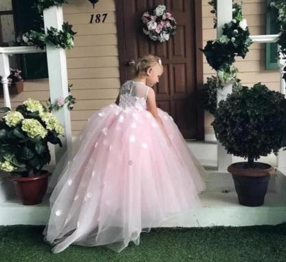 Cute Puffy Jewel Spring Lace Appliqued Sleeveless Flower Girl Dresses | Crew Long Tulle Little Girl Pageant Dress-Babyonlinewholesale