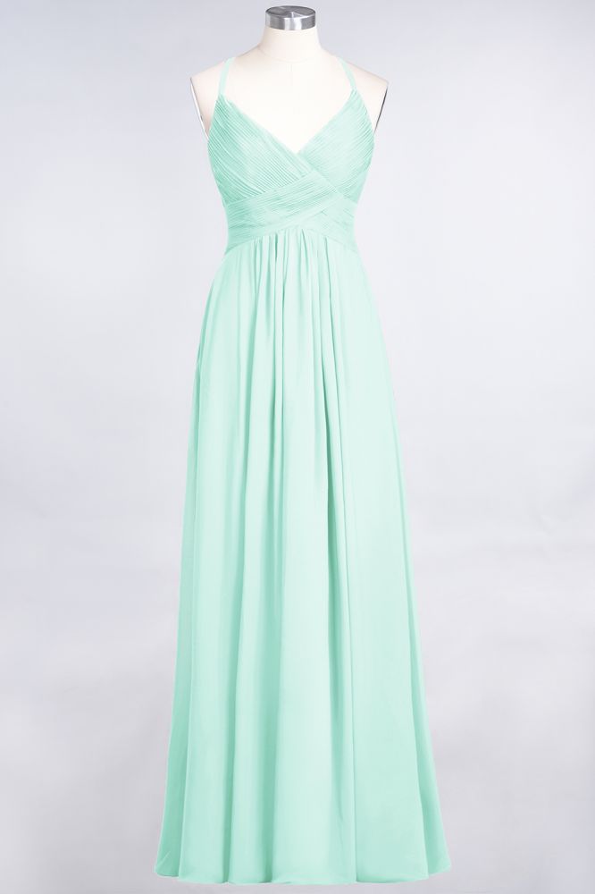 Chiffon A-Line Spaghetti-Straps V-Neck Sleeveless Long Bridesmaid Dress with Ruffles