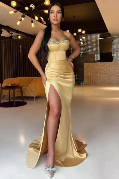 Gold Sweetheart High Split Mermaid Prom Dresses
