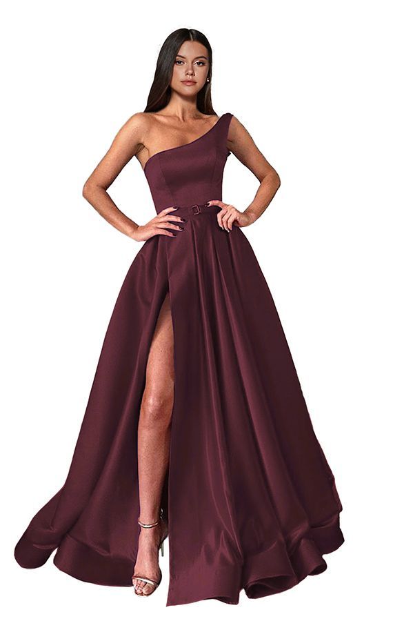 One shoulder Burgundy High Split A-line Ball Gown Prom Dresses