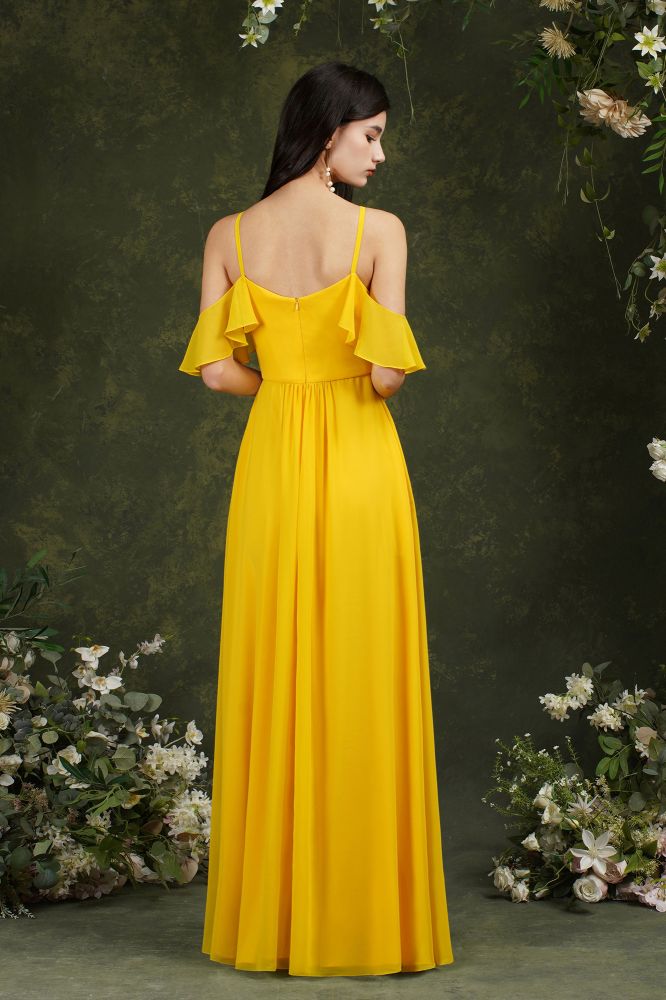 Beautiful Yellow Off-the-Shoulder Ruffles A-Line Chiffon Bridesmaid Dress With Pockets