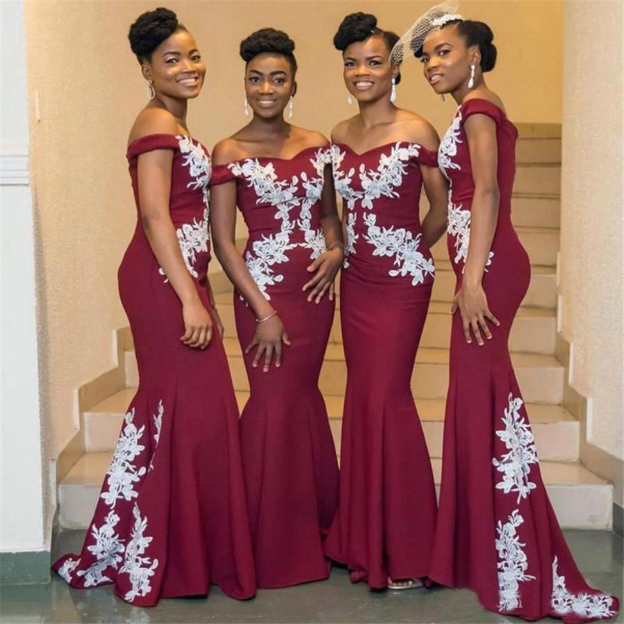 Mermaid Off The Shoulder Sweet Heart Lace Appliques Bridesmaid Dresses | Long Burgundy Gowns With Sweep Train