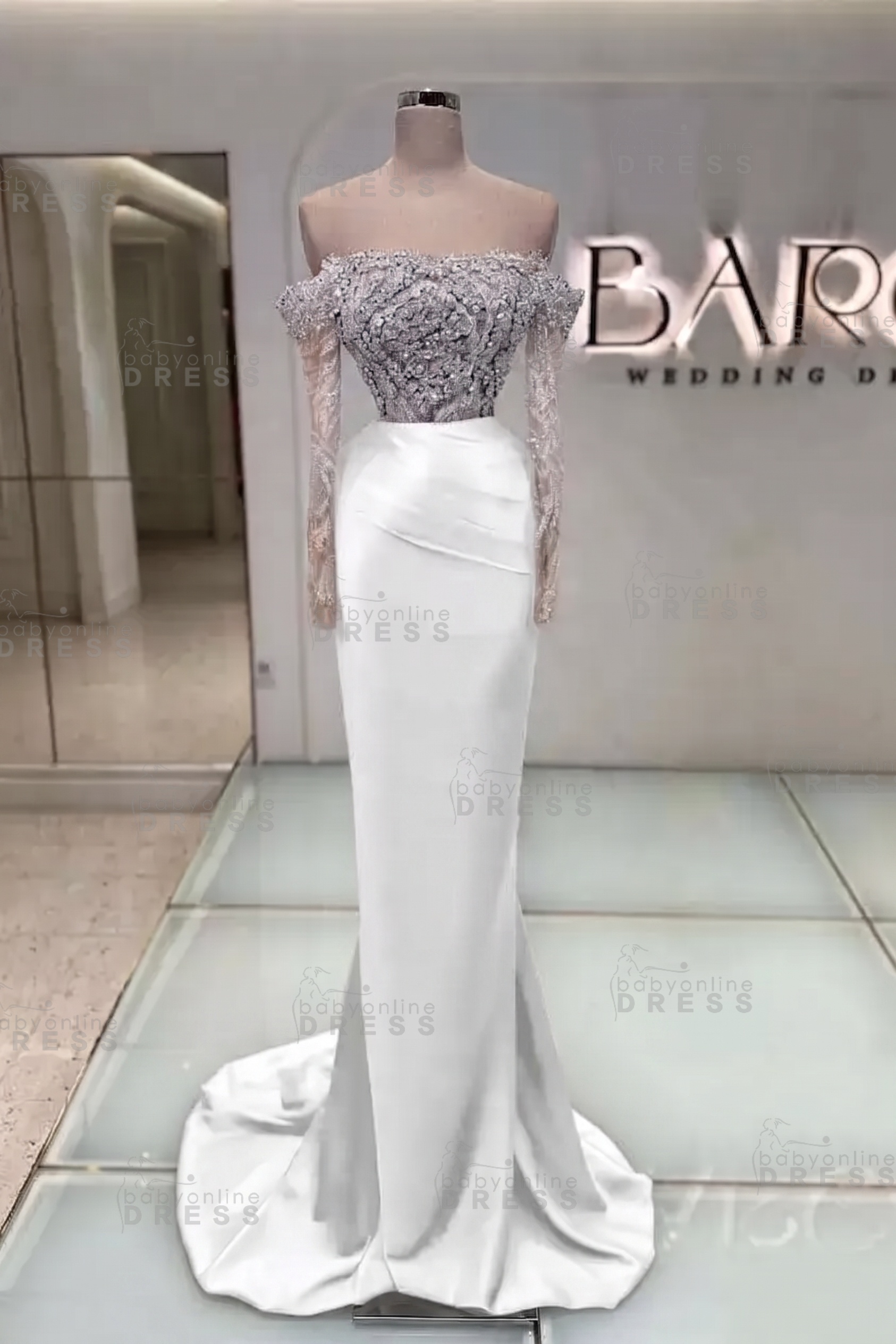 Off-the-Shoulder Ruffles Satin Mermaid Prom Dress Beadings with Sleeves