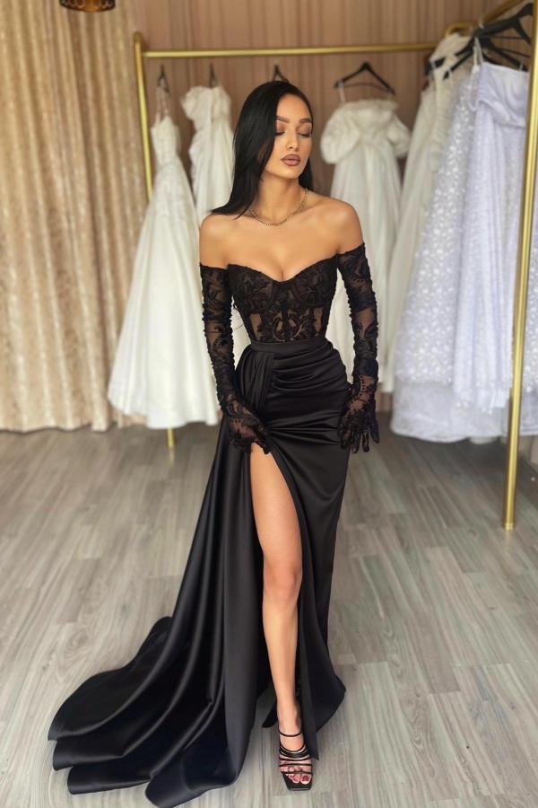 Off the shoulder Black Long sleeves Mermaid High Split Court train Prom Dress