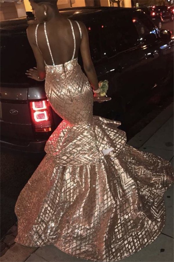 Sexy V-neck Spaghetti Mermaid Sequins Pattern Long Prom Dresses