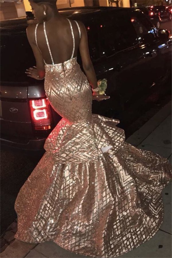 Sexy V-neck Spaghetti Mermaid Sequins Pattern Long Prom Dresses