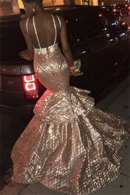 Sexy V-neck Spaghetti Mermaid Sequins Pattern Long Prom Dresses