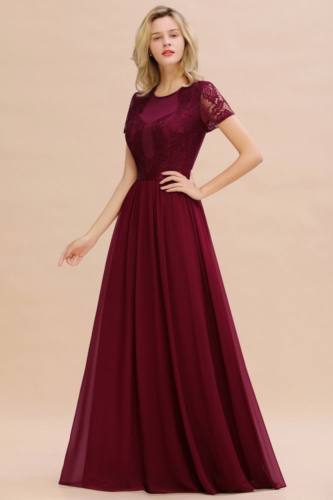 Retro Chiffon Lace Scoop Short-Sleeves Online Bridesmaid Dress