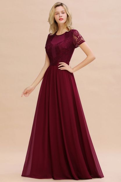 Retro Chiffon Lace Scoop Short-Sleeves Online Bridesmaid Dress