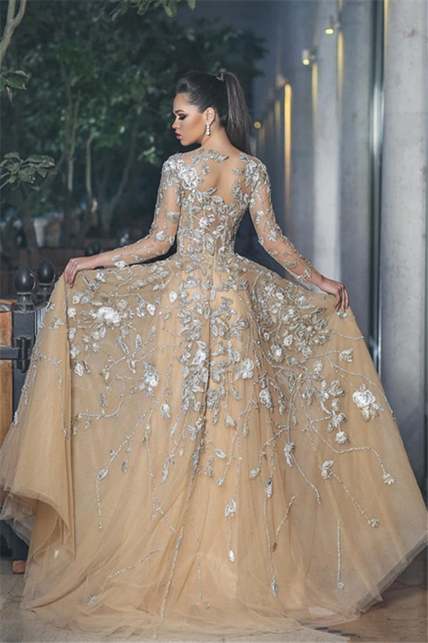 Stunning Illusion Long Sleeve Sexy Evening Gowns | A-line Lace Appliques Tulle Prom Dress