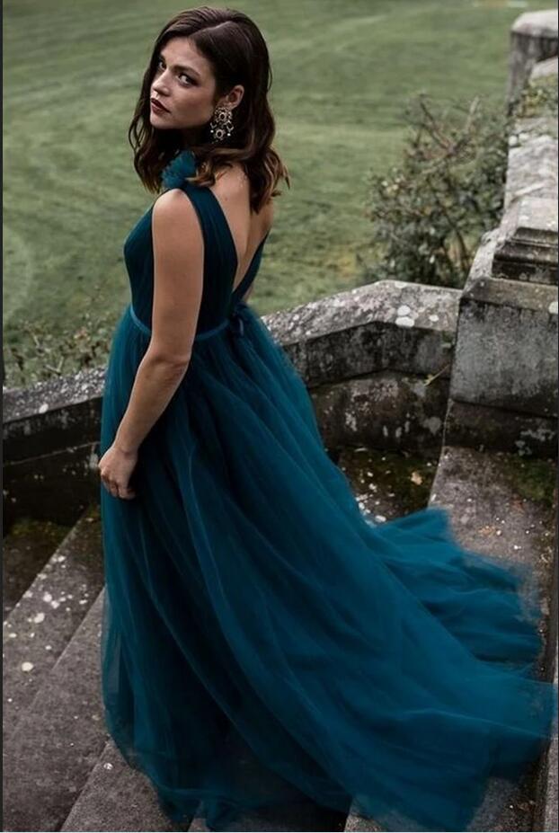 Elegant V-neck Sleveless Aline Tulle Evening Maxi Dress