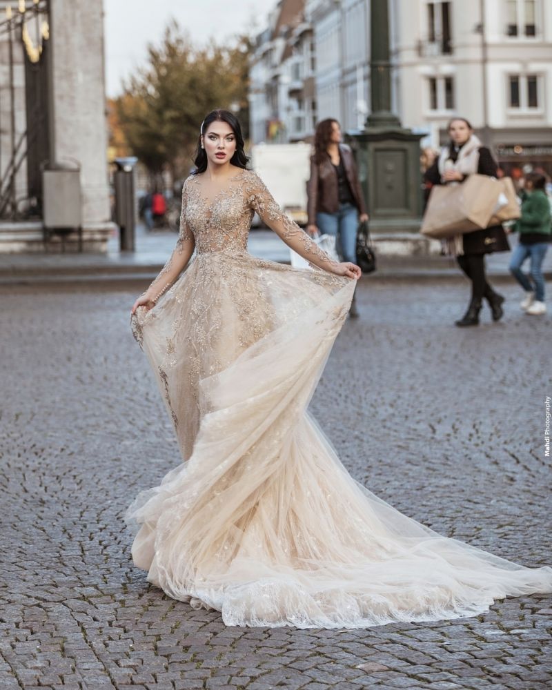 Chic Long Sleeves V-Neck A-line Wedding Dress Floral Lace Pattern