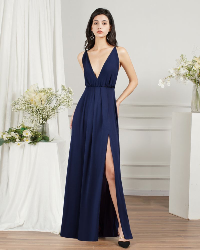 Sexy Plunging V-neck Criss-cross Back High split Spandex Prom Dresses