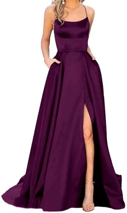 Stunning Spaghetti Straps Satin Evening Dress with Side Slit