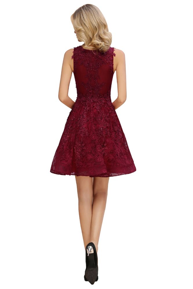 Princess V-neck Knee Length Lace Appliqued Homecoming Dresses | Burgundy Dress for Homecoming